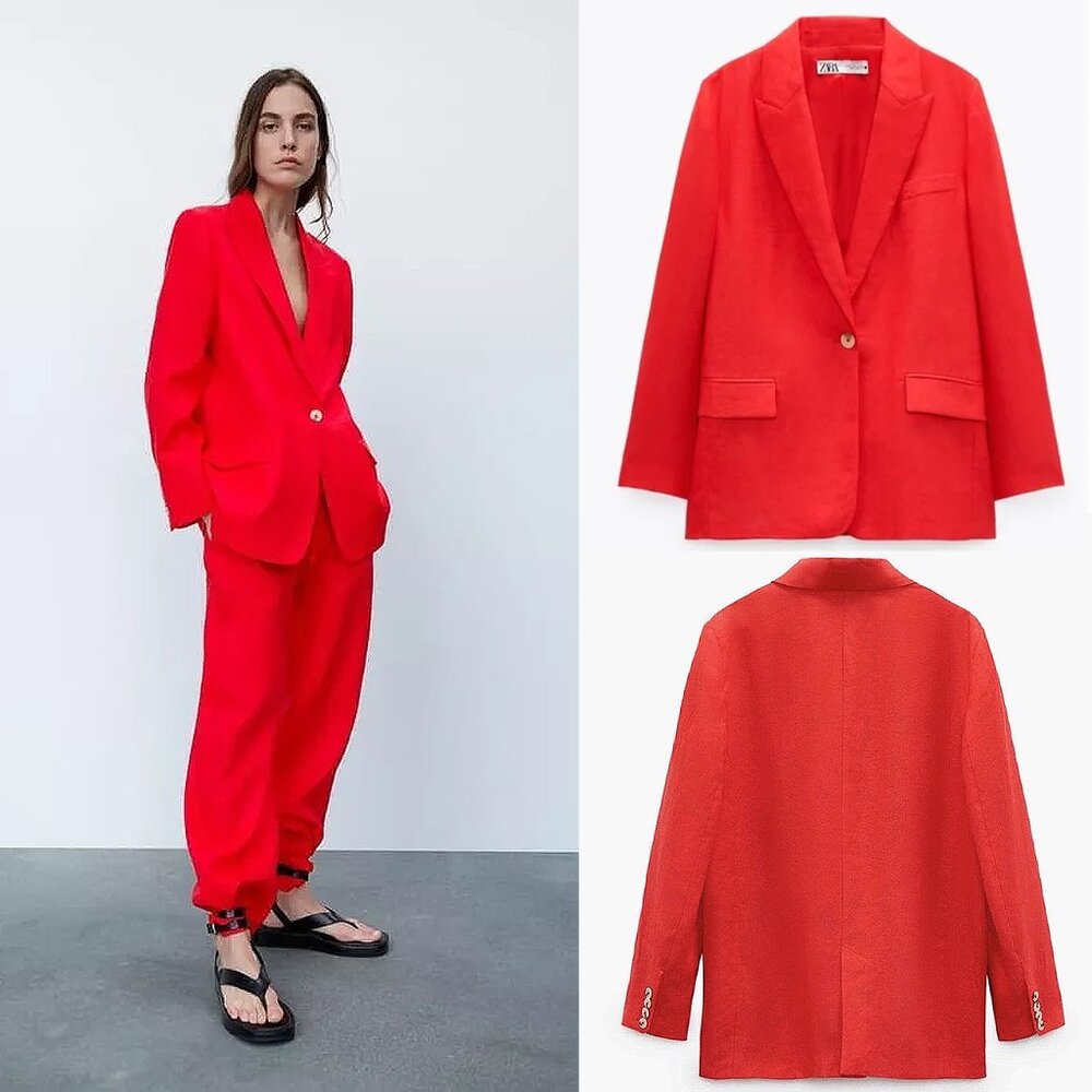 ZARA Red Straight Linen Blazer – Size Small/Medium